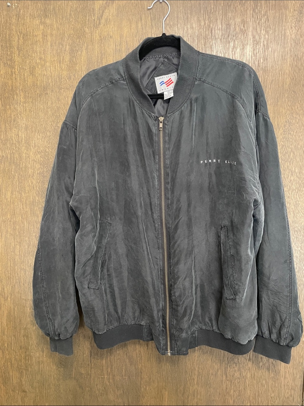 Perry Ellis Charcoal Black Silk Bomber Jacket